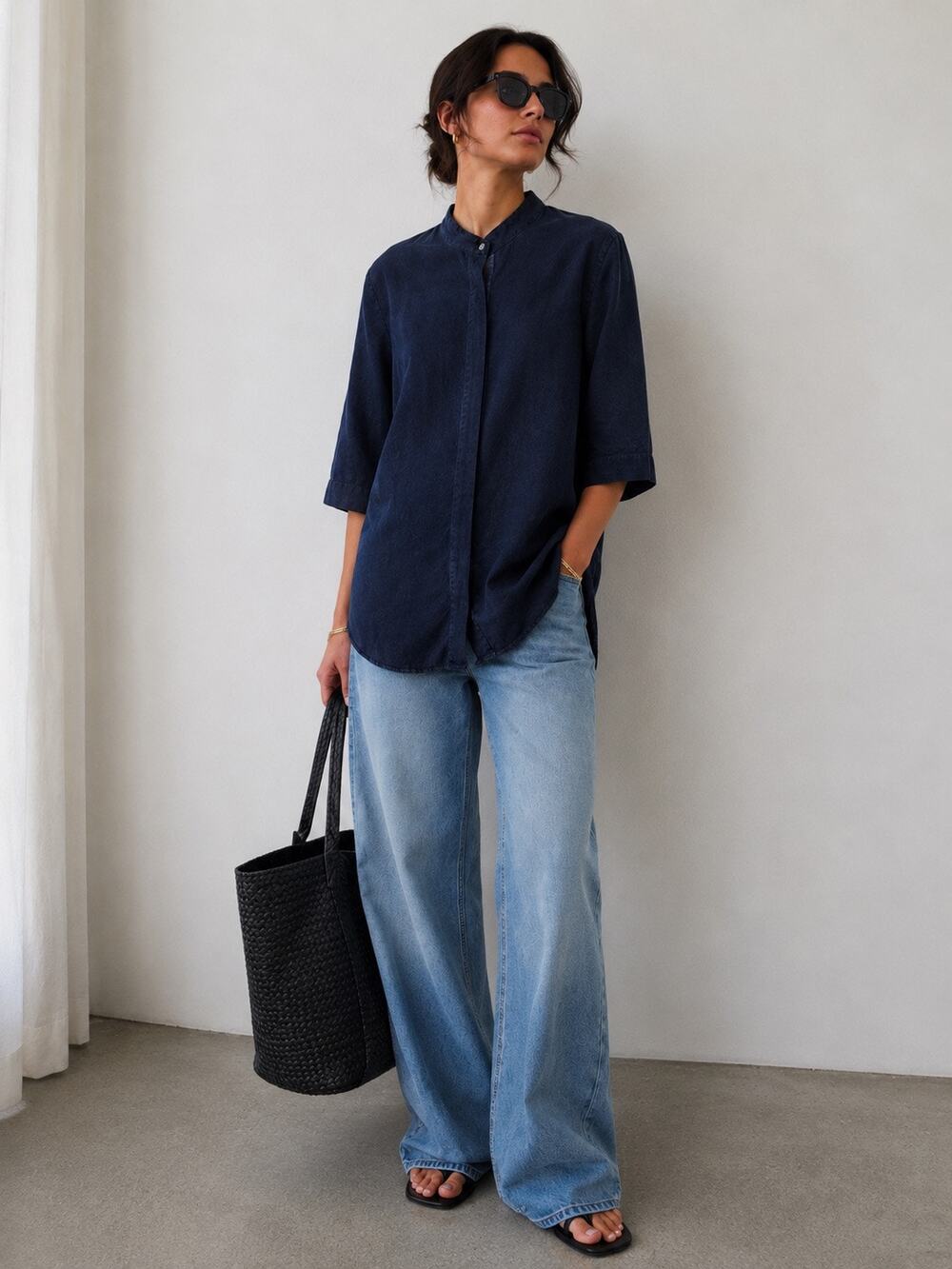COS Navy Tunic Shirt M Mandarin Collar 3/4 Sleeve Minimalist Scandi Lagenlook